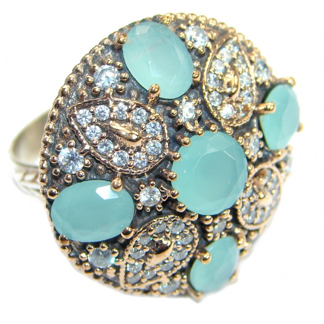 Large Victorian Style created Aquamarine & White Topaz Sterling Silver ring; s. 8 1/4