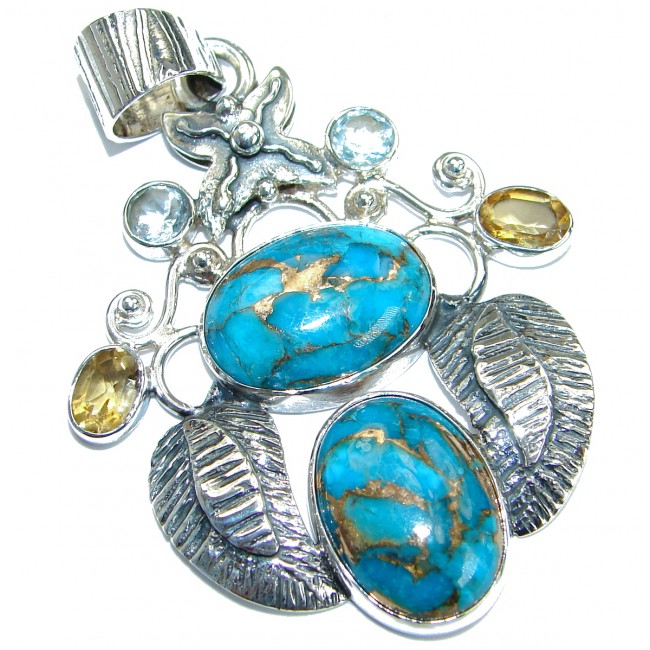 Blue Turquoise with copper vains .925 Sterling Silver Pendant