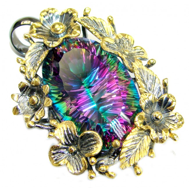 Vintage Floral Design Rainbow Magic Topaz 14K Gold over .925 Sterling Silver Pendant
