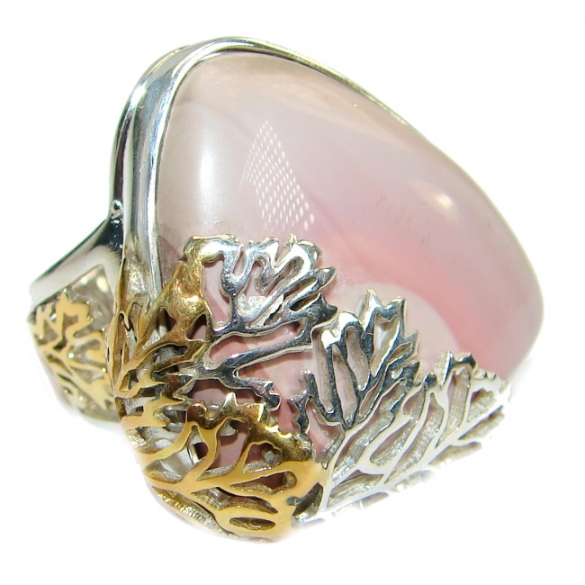 Authentic Pink Opal Two Tones .925 Sterling Silver handmade Ring s. 7 adjustable