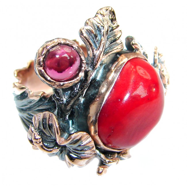 Natural Fossilized Coral two tones .925 Sterling Silver handmade ring s. 6