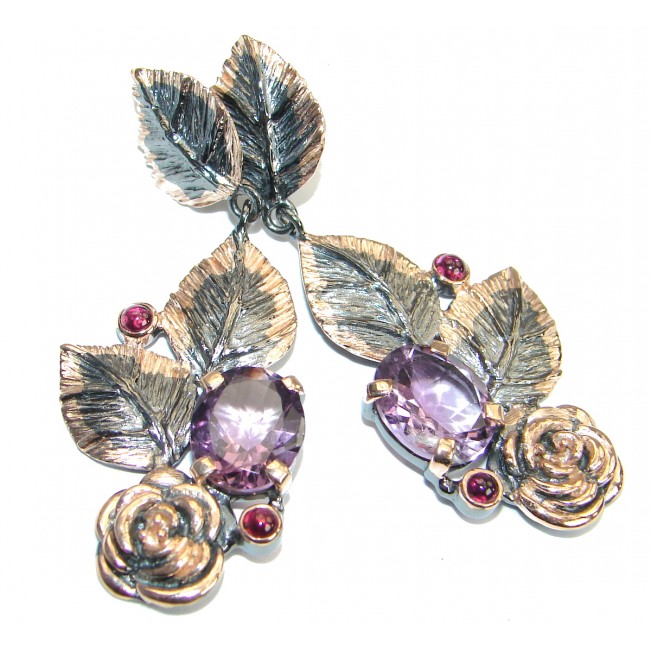 Floral Design Authentic Amethyst Gold Rhodium over .925 Sterling Silver handmade earrings