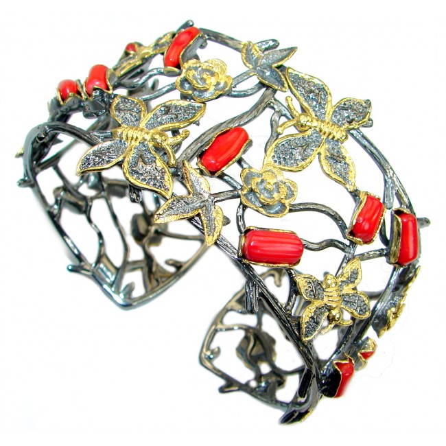 Genuine Fossilzed Coral Gold Rhodium over .925 Sterling Silver handcrafted Bracelet / Cuff