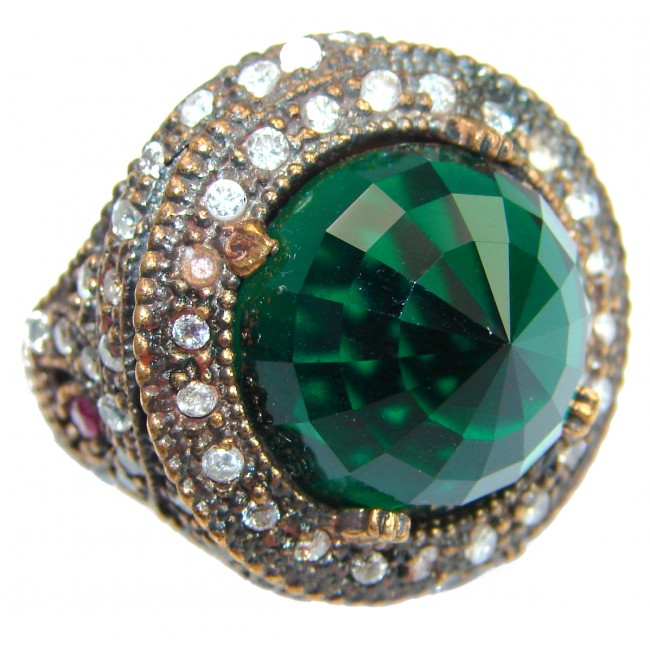 Victorian Style created Emerald & White Topaz Sterling Silver Ring s. 6 3/4