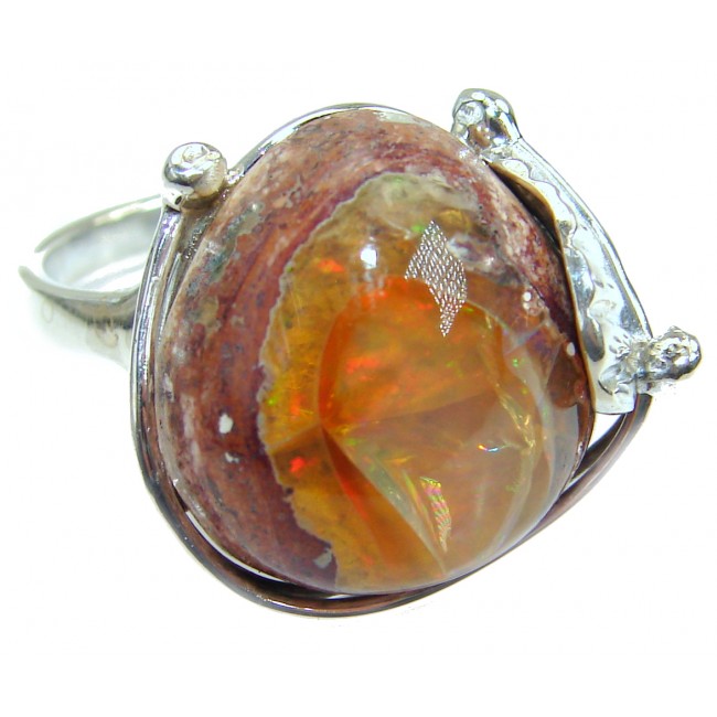 Mexican Fire Opal .925 Sterling Silver handcrafted ring size 7 adjustable