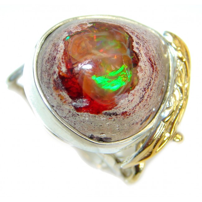 Mexican Opal oxidized 14K Gold over.925 Sterling Silver handcrafted ring size 7 adjustable