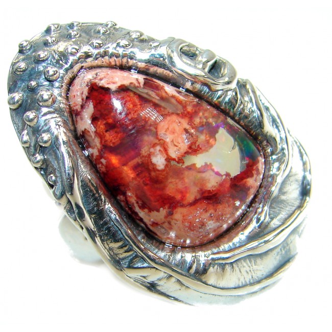 Large Mexican Opal oxidized oxidized .925 Sterling Silver handcrafted ring size 7 adjustable