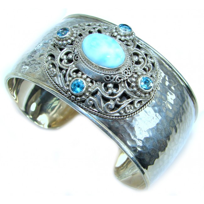 Large Genuine Blue Larimar Oxidized .925 Sterling Silver handmade Bracelet Cuff