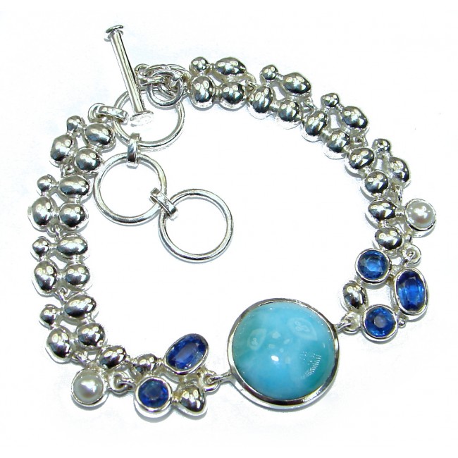 Luxury Genuine Larimar Kyanite Pearl .925 Sterling Silver handmade Bracelet