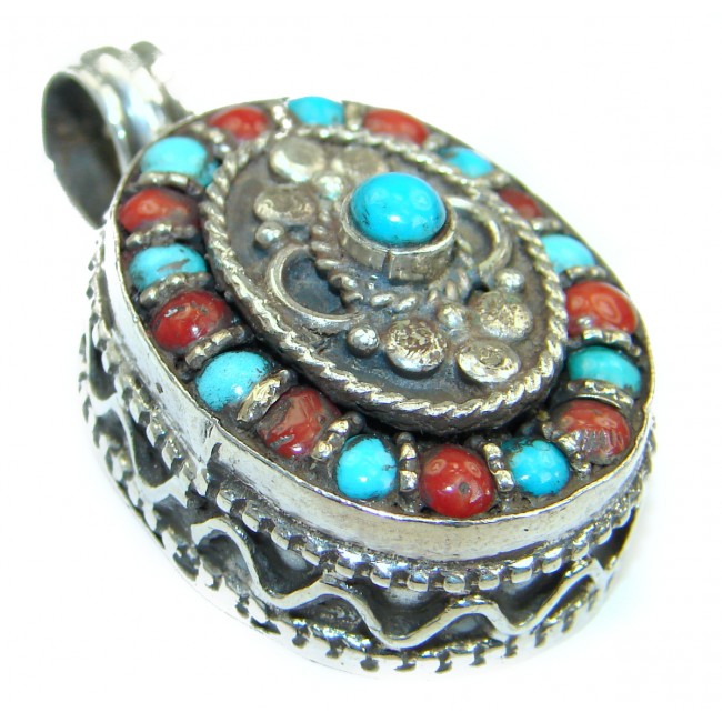 Genuine Turquoise Coral .925 Sterling Silver handcrafted Pendant