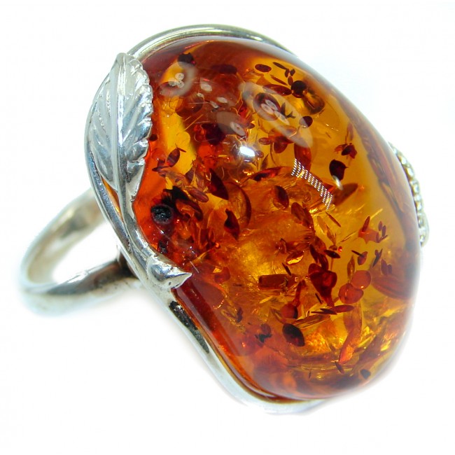 Huge Genuine Baltic Polish Amber .925 Sterling Silver handmade Ring size 8 adjustable