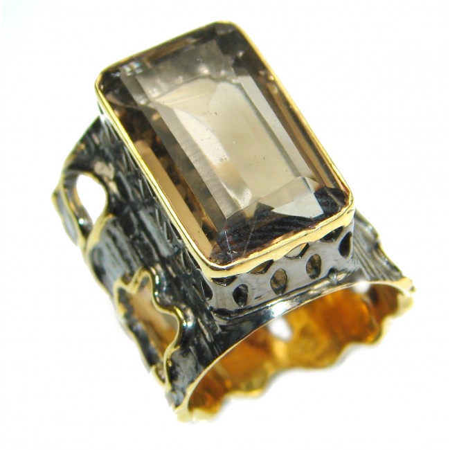 Huge Vintage Style Smoky Topaz two tones .925 Sterling Silver Statement ring s. 6