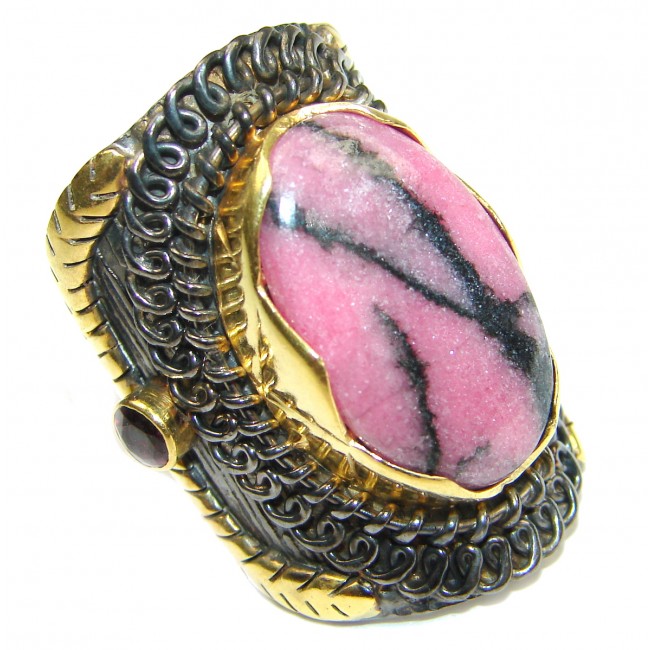 Big Authentic Rhodonite 14K Gold Rhodium over .925 Sterling Silver Ring s. 8