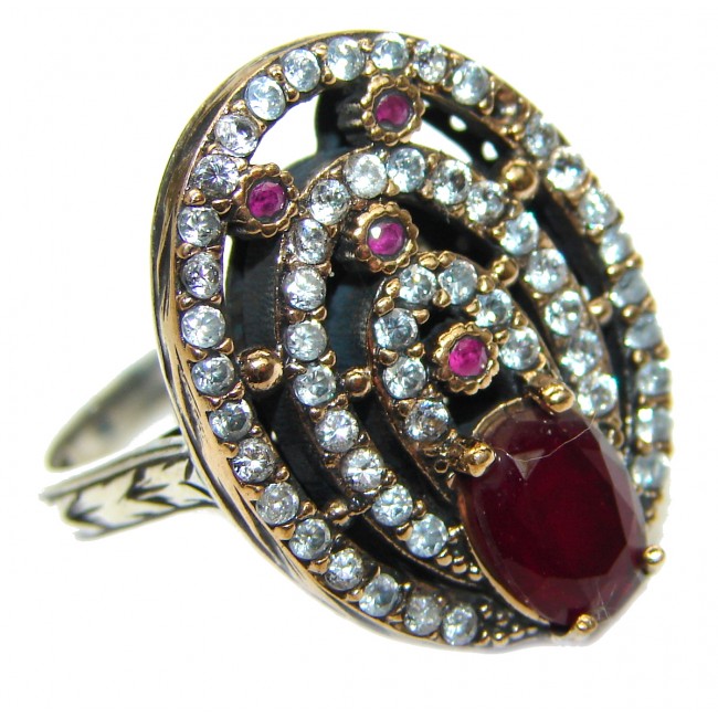 Large Victorian Style created Ruby Two Tones .925 Sterling Silver ring; s. 7 1/4