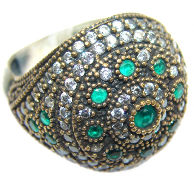 Victorian Style created Emerald & White Topaz Copper over Sterling Silver ring; s. 7 1/2