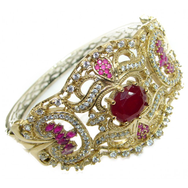 Victorian Style created Ruby & White Topaz Sterling Silver Bracelet / Cuff