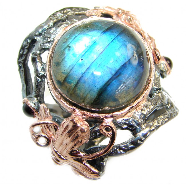 Large Fire Labradorite Rose Gold over .925 Sterling Silver handmade ring size 7