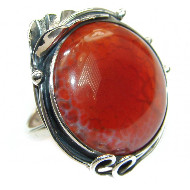 Genuine 58 ct Mexican Fire Agate .925 Sterling Silver handmade Cocktail Ring s. 7 adjustable
