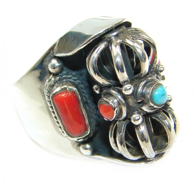 Natural Fossilized Coral Turquoise .925 Sterling Silver handmade ring s. 9