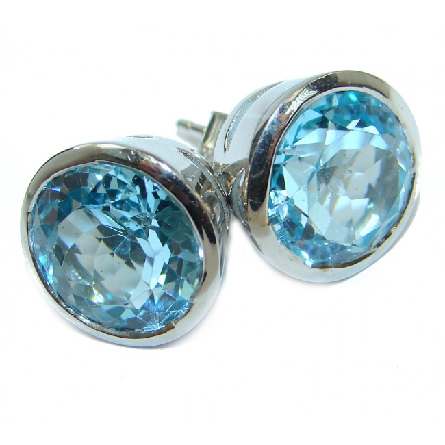 Deluxe genuine Swiss Blue Topaz 13 mm .925 Sterling Silver stud earrings