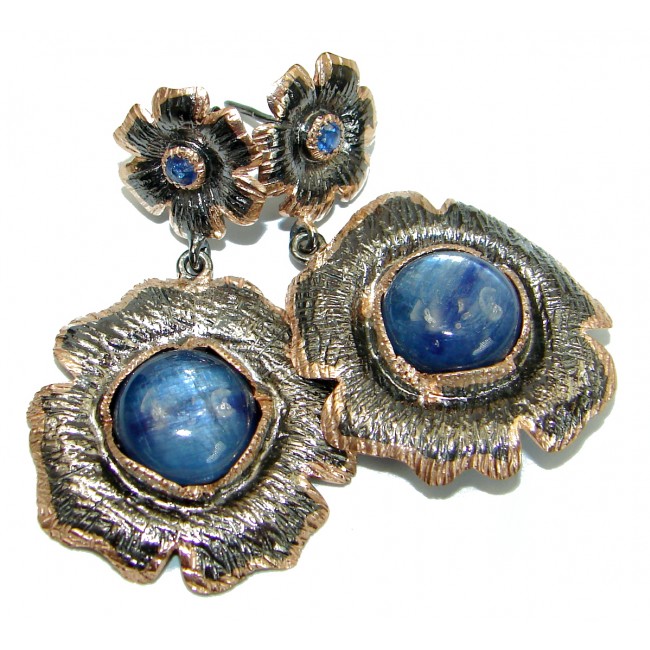 Floral Design Kyanite two tones .925 Sterling Silver handcrafted earrings