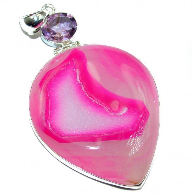 Pink Stardust Agate Druzy .925 Sterling Silver handcrafted Pendant