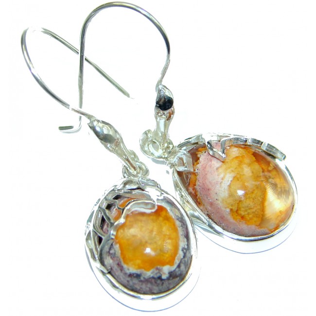 Long Orange Mexican Fire Opal hammered .925 Sterling Silver handcrafted earrings