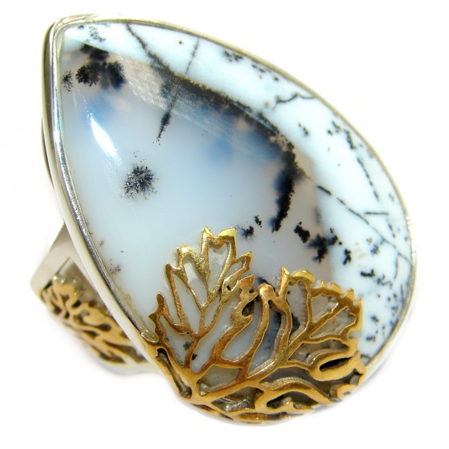 Top Quality Dendritic Agate two tones .925 Sterling Silver hancrafted Ring s. 7 adjustable