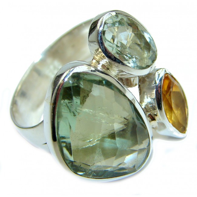 Large genuine Green Amethyst .925 Sterling Silver Statement ring; s. 7 adjustable
