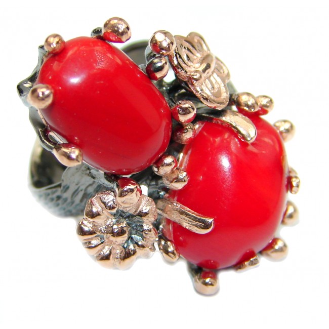 Natural Fossilized Coral 14K Gold over .925 Sterling Silver handmade ring s. 7 adjustable