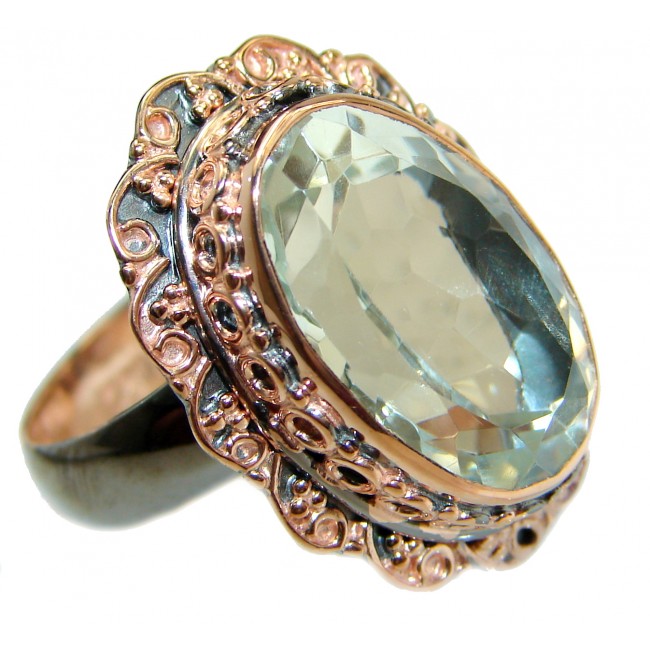 Natural Green Amethyst Gold over .925 Sterling Silver handmade Cocktail Ring s. 8 adjustable
