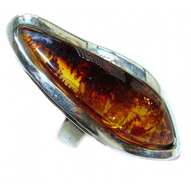 Large Genuine Baltic Polish Amber .925 Sterling Silver handmade Ring size 7 adjustable