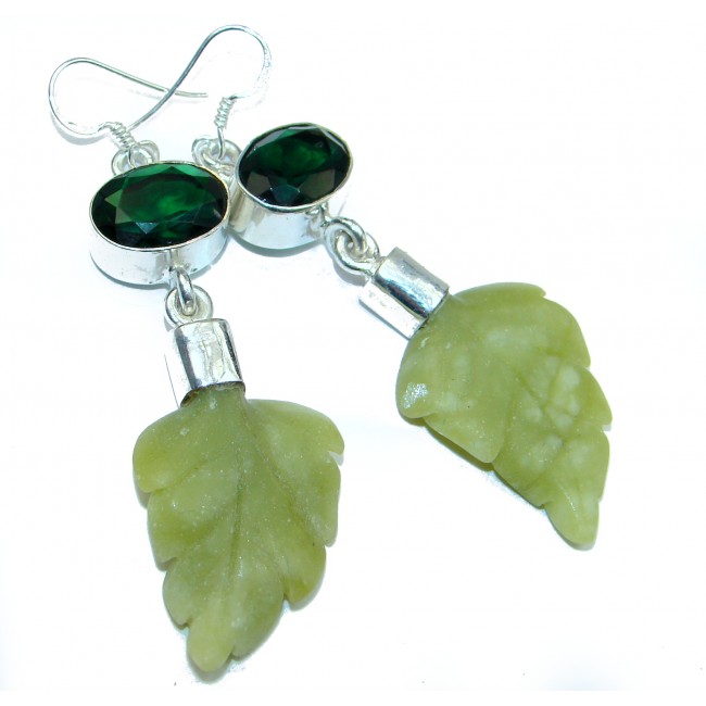 Carved genuine Green Jade .925 Sterling Silver handcrafted Earrings