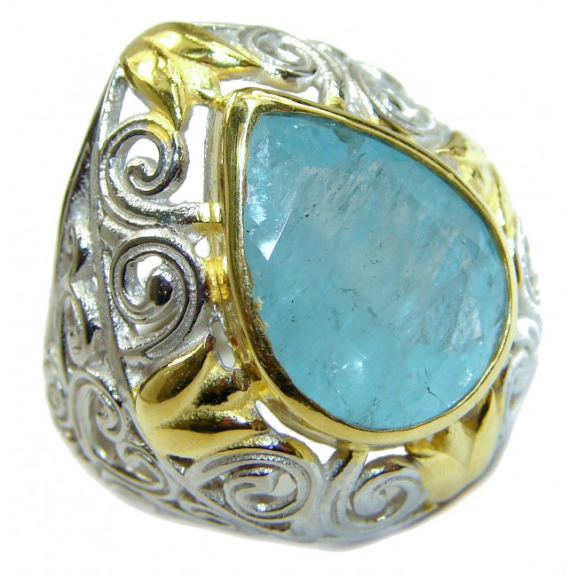 Blue Treasure Aquamarine 14k Gold over .925 Sterling Silver handmade ring s. 8 1/4