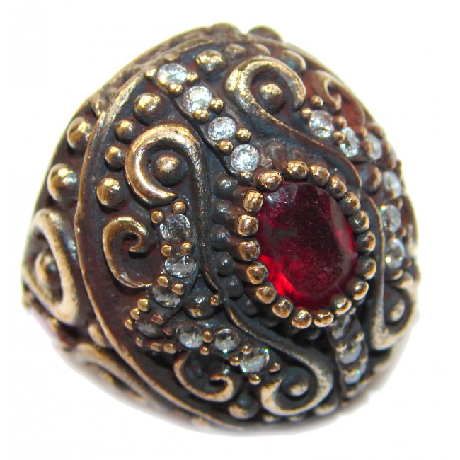 Large Victorian Style created Ruby & White Topaz Sterling Silver ring; s. 7