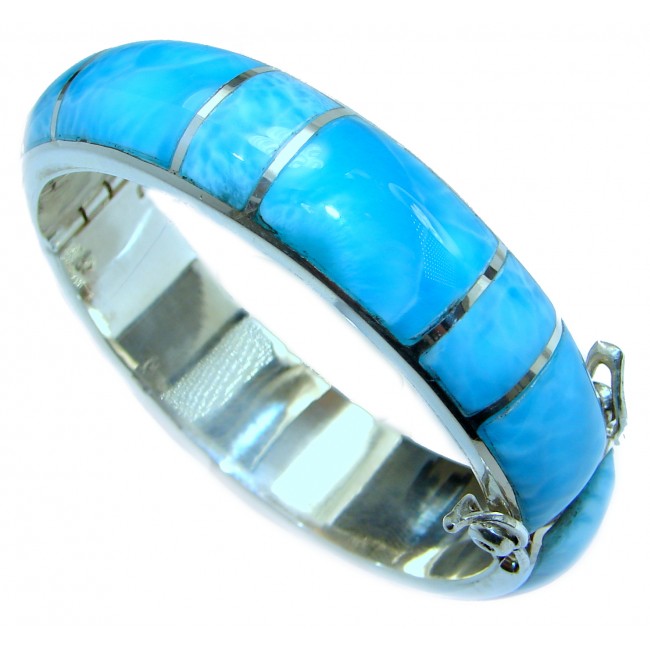 Huge Genuine inlay Blue Larimar .925 Sterling Silver handcrafted Bracelet Cuff
