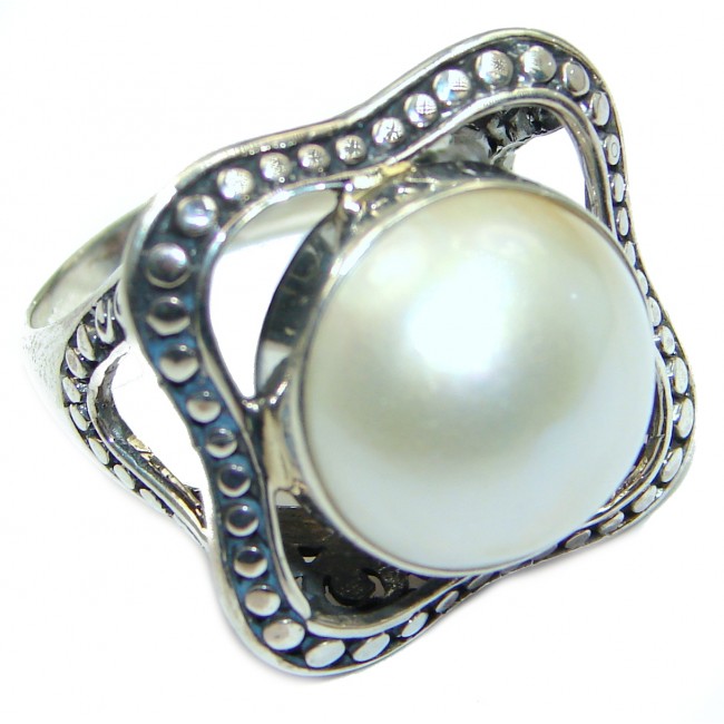 White Pearl .925 Sterling Silver Bali handmade ring size 9