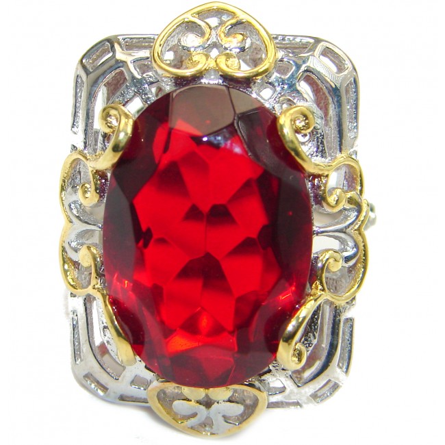 Ruby color Quartz Topaz two tones .925 Sterling Silver handcrafted Ring s. 8 1/4