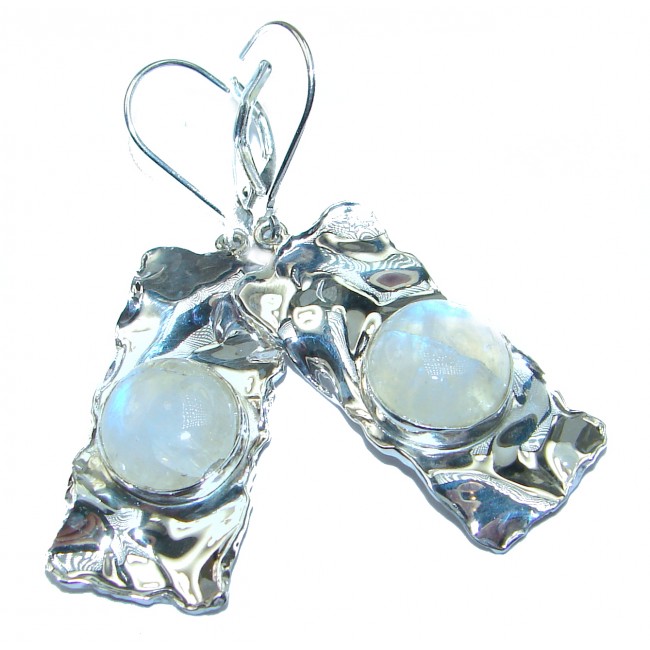 Large Modern Design White Moonstone hammered .925 Sterling Silver earrings