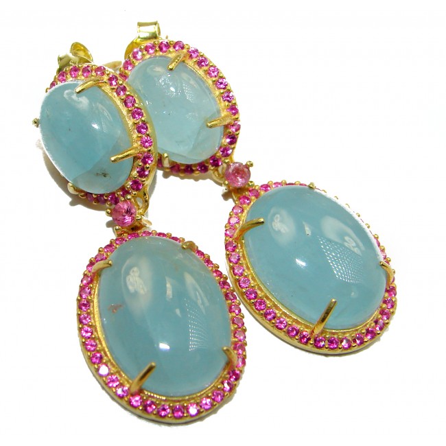Fancy Style genuine Aquamarine Ruby .925 Sterling Silver handmade earrings