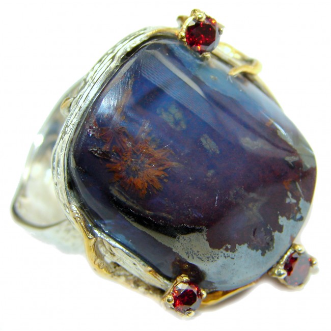 Huge Australian Boulder Opal two tones .925 Sterling Silver handcrafted ring size 8 1/4