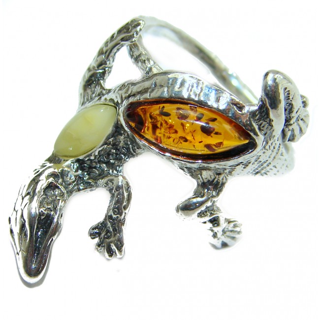 Incredible Lizard Amber .925 Sterling Silver handmade ring s. 6 1/4