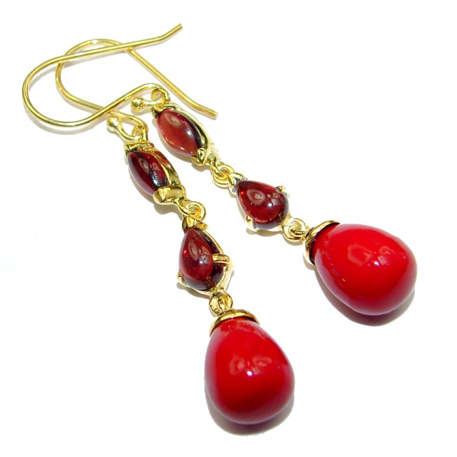 Genuine Red Fossilized Coral 14K Gold over .925 Sterling Silver handmade earrings