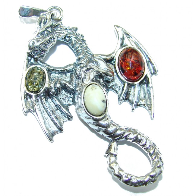 Dragon Multicolor Baltic Amber .925 Sterling Silver handcrafted Pendant