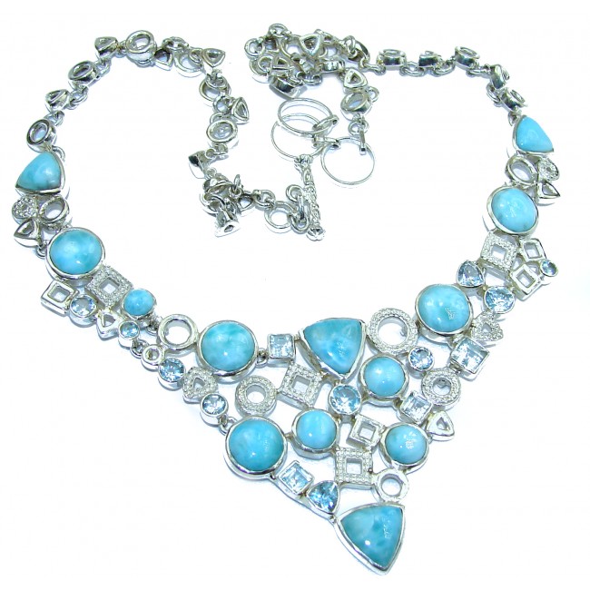 Ocean Halo genuine Larimar Swiss Blue Topaz .925 Sterling Silver handmade necklace