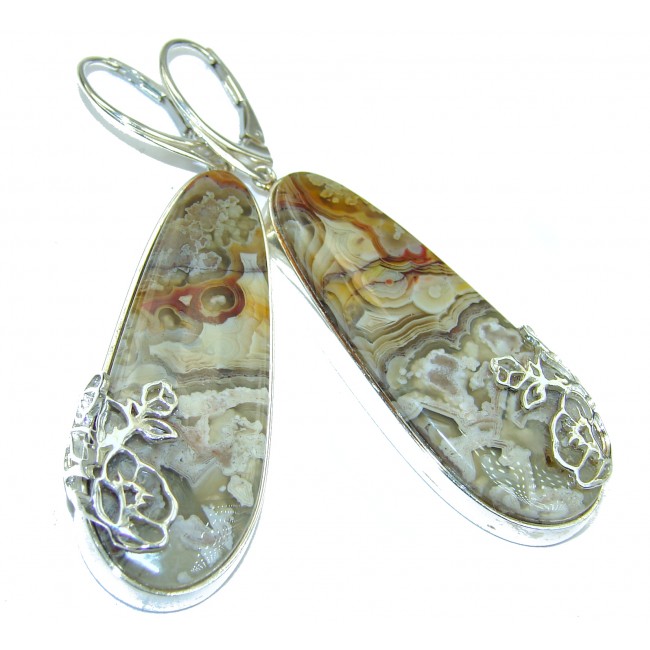 Unique Bohemian Style Crazy Lace Agate .925 Sterling Silver handcrafted Earrings