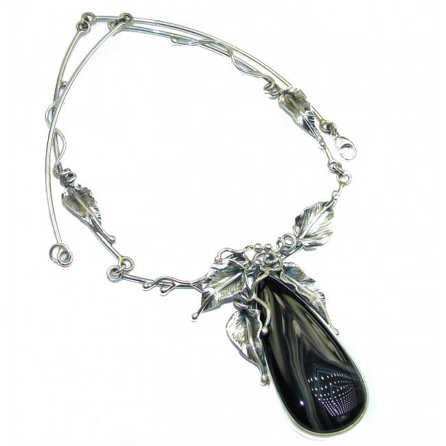 Floral Design genuine Botswana Agate .925 Sterling Silver handcrafted necklace