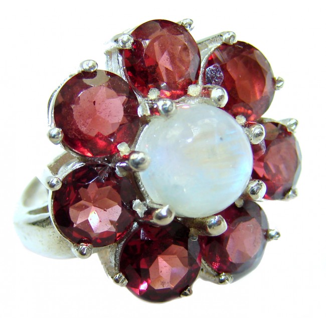 Fire Moonstone Garnet .925 Sterling Silver handcrafted Cocktail ring size 6