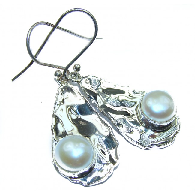 Big Fresh Water Pearl Hammered .925 Sterling Silver earrings