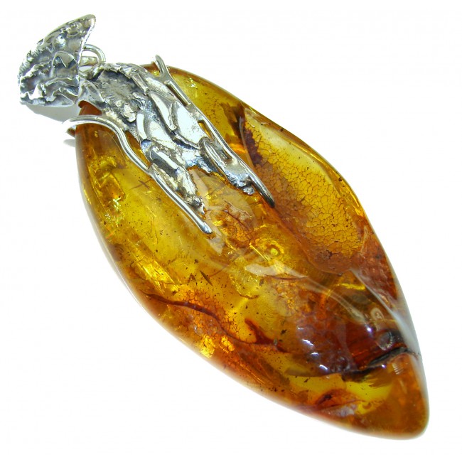 LARGE 3 3/4 INCHES long Natural Baltic Amber .925 Sterling Silver handmade Pendant